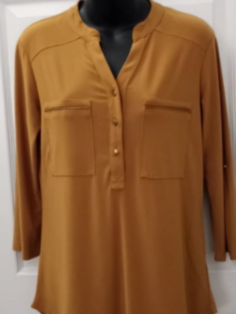 Tango Mango Camel V-Neck Henley Blouse 3/4 Roll-Tab Sleeve Small